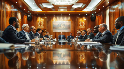 Diverse executives engaged in a roundtable discussion in a boardroom setting