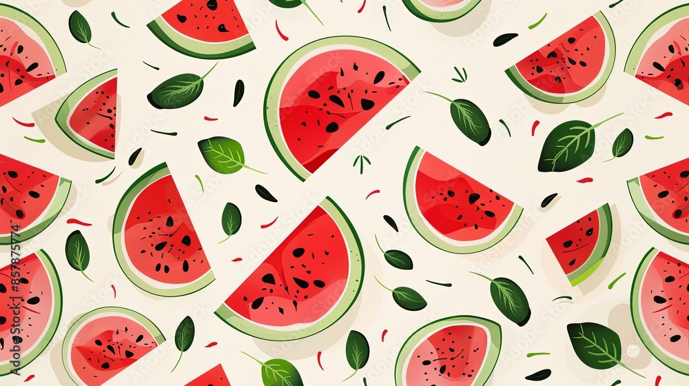Poster a close-up, flat lay image of watermelon slices with seeds and green leaves on a light background. g