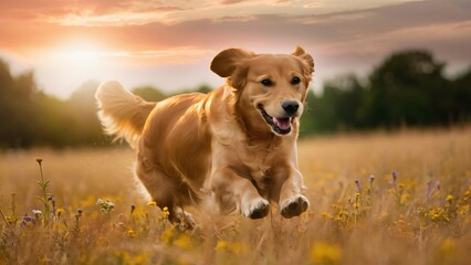 A golden retriever dog, bounding gracefully across a golden field, with the sun setting in the background