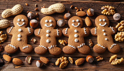 Four cheerful gingerbread men with smiling faces on a wooden board surrounded by nuts