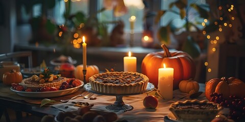 Naklejka premium Thanksgiving Table Decor with Pumpkins, Pies, Corn, Fruits, and Candles in a Cozy Room. Concept Thanksgiving Table Decor, Pumpkins, Pies, Corn, Fruits, Candles, Cozy Room