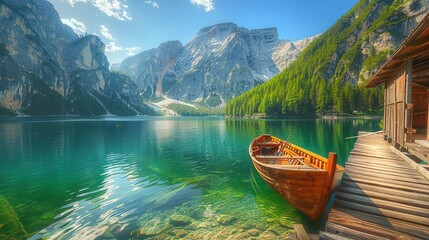 Obraz premium Beautiful Lake with Boat - Summer Nature Landscape Wallpaper Background Travel Holiday Vacation Tour Park Forest Scenery Green Rock Mountain Mountains Relax Relaxation Natural 