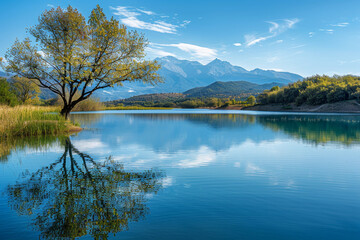 Obraz premium Serene landscape with reflective waters and a solitary tree against a mountain backdrop