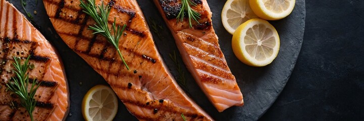 Close-up of perfectly grilled salmon steaks, glistening with juices and seasoned to perfection. Fresh rosemary sprigs and scattered peppercorns add a touch of rustic elegance to this appetizing image.