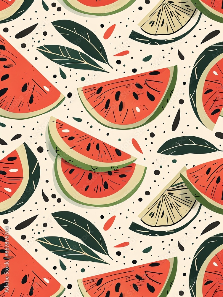 Poster a seamless pattern featuring red watermelon slices with black seeds and green rinds, scattered green