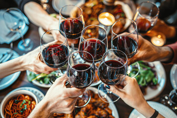 Top view group people toasting red wine clinking glasses dinner party hands holding glass table food drinks restaurant friends celebrating ramadan joyful moment hang out lunch break bar life