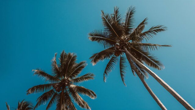 A breathtaking low angle shot of the blue sky with palm tress