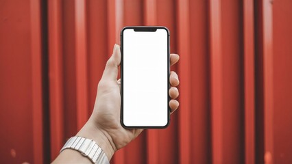 Hand holding smart phone with blank white screen screen