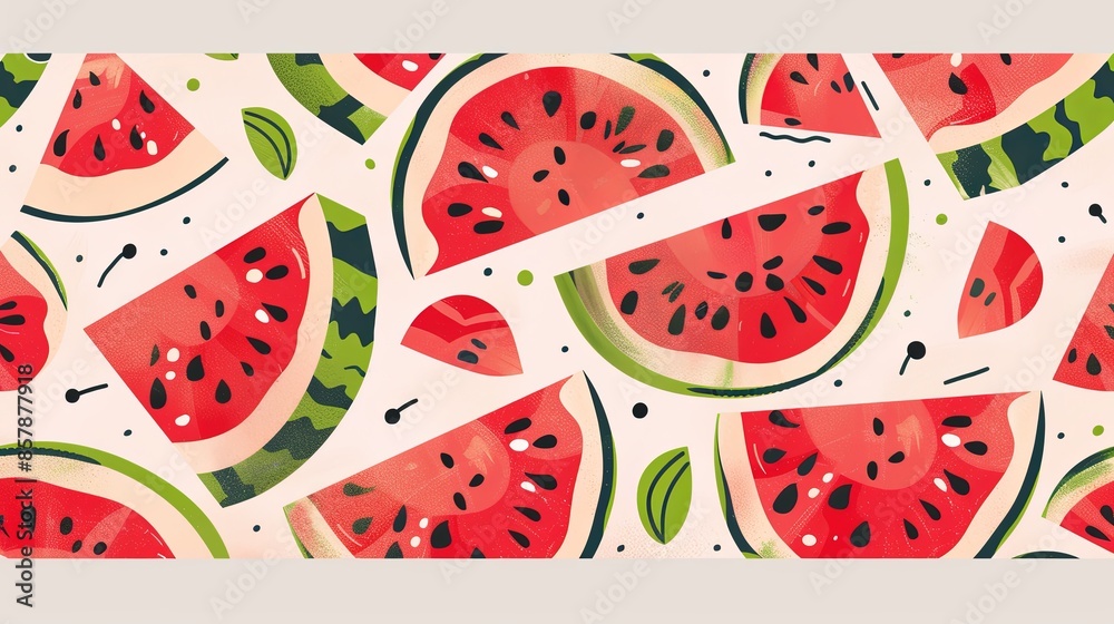 Poster A close-up image of several vibrant watermelon slices on a light background. Generative AI