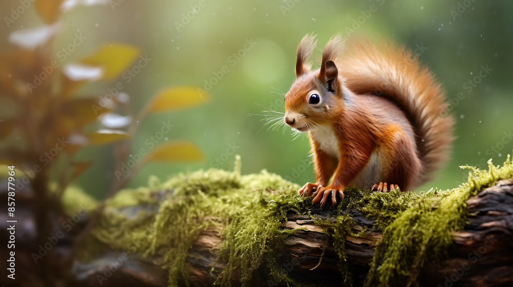 Wall mural Cute squirrel with a wooden stick in the forest.