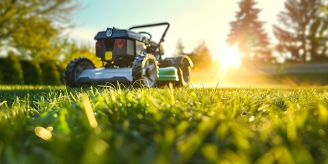 Obraz premium Mowing the Lawn with a Modern Lawnmower on a Sunny Day. Concept Lawn Care, Modern Equipment, Yard Maintenance, Home Improvement, Sunny Weather