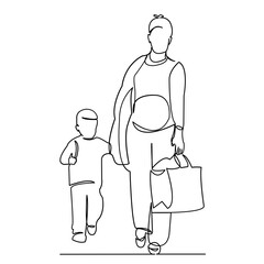continuous single drawn one line pregnant mom goes shopping with her son hand-drawn picture silhouette.Line art. a pregnant mother with a son