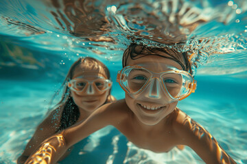 Fototapeta premium Happy children snorkeling underwater in clear blue ocean with goggles, adventure and fun in tropical beach, summer vacation with palm trees