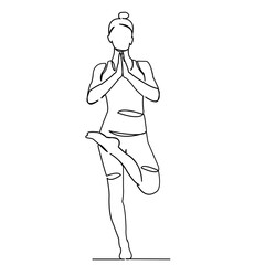 continuous single drawn one line woman doing yoga hand-drawn picture silhouette.Line art. character woman standing in a tree pose