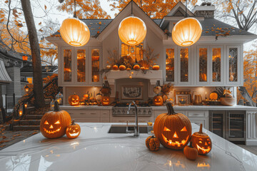 Obraz premium Halloween house with pumpkin decorations and spooky ghosts, night scene, festive autumn yard, orange decor