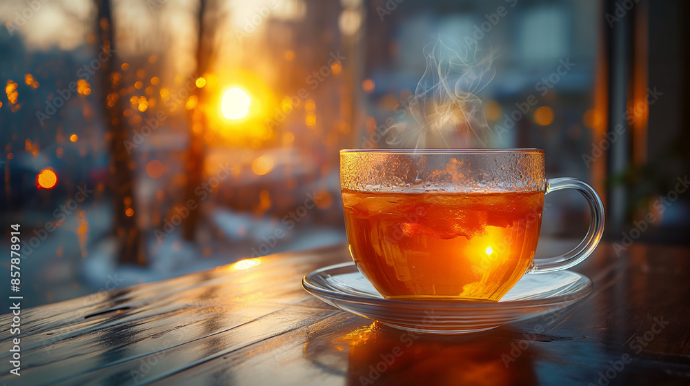 Wall mural warm cup of tea and leaf on wooden table with the tea