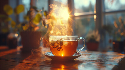 Hot tea on a rustic wooden table outdoors on a cold winter morning, copy space, selected focus