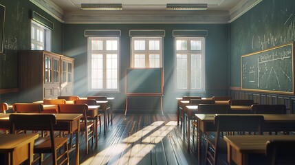 Back to School Concept. Empty classroom with chairs, desks and chalkboard.