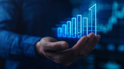 Hand connecting with a digital rising bar chart, illuminated bars and upward arrow, blue and futuristic background, high clarity, symbolizing economic growth