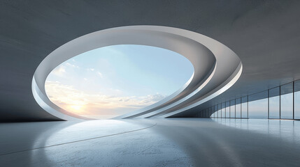 Futuristic 3D Render of Modern Concrete Architecture with Curved Lines on Empty Floor for Car...