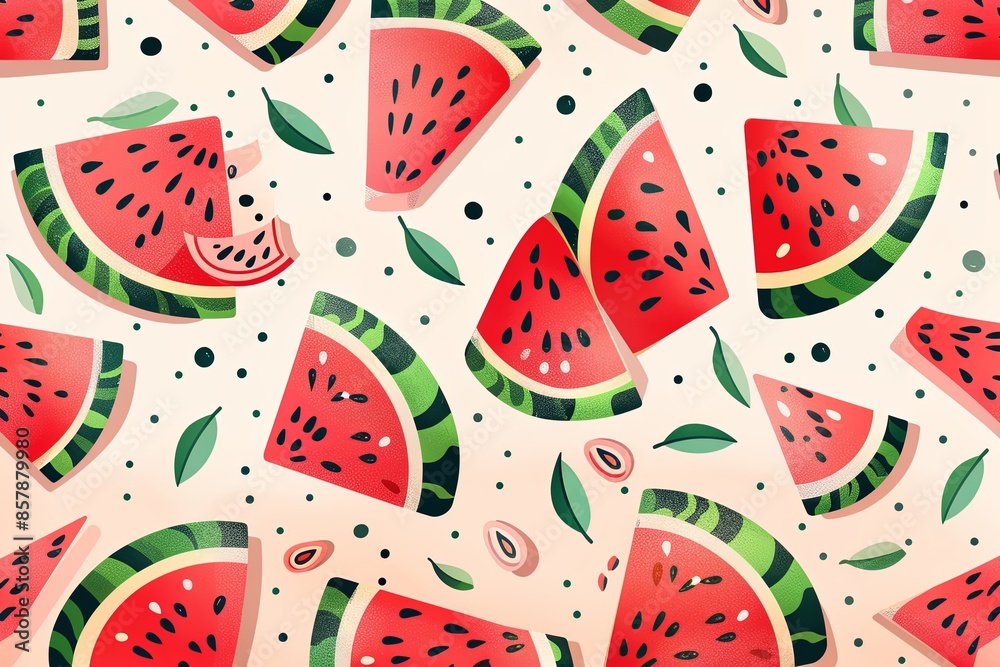 Fototapete a bright, summery image with numerous slices of watermelon on a light background. the watermelon sli