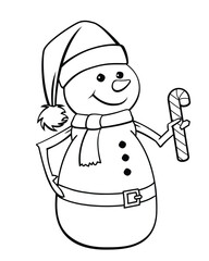 Christmas cartoon snowman with santa hat holding candy cane outline for coloring in book transparent background
