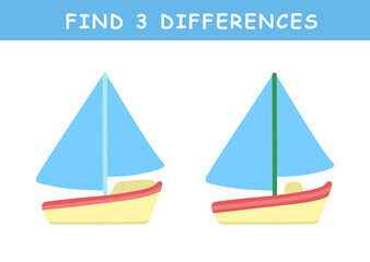 Find 3 differences in illustration. Educational activity with cute sailboat illustration. Spot difference. Educational fun game for children.	