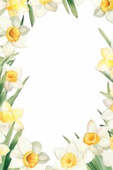 Daffodil field frame or border. watercolor illustration, Perfect for nursery art, simple clipart, single object, white color background. for greeting cards weddings or birthdays.