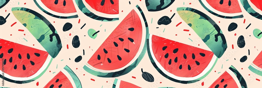 Poster A close-up illustration of a colorful watermelon pattern on a light background. It features slices of watermelon with black seeds and green rinds. Generative AI