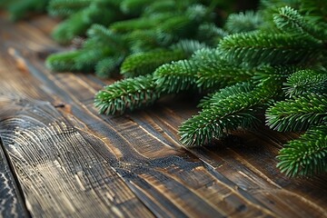 Naklejka premium Fresh Evergreen Branches on Rustic Wooden Surface for Holiday Decor, Nature Background, or Seasonal Projects