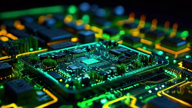 A close-up of a computer circuit board with green and yellow lights.