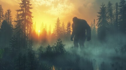 Mysterious Silhouette of a Bigfoot in the Foggy Forest at Sunrise