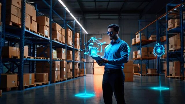 A man wearing glasses is standing in a warehouse, holding a tablet and looking at a hologram.