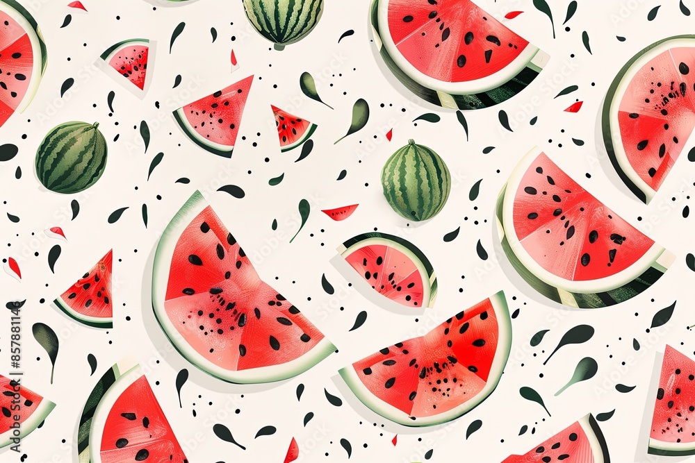 Leinwandbilder A close-up shot of juicy watermelon slices with black seeds on a light background. The slices are arranged in a pattern, creating a vibrant and summery visual. Generative AI
