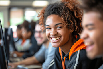 Diverse young students smiling while working on computers in modern educational computer lab