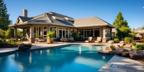 Obraz premium Arizona home with large backyard pool light brown exterior wood shingle roof. Concept Desert Oasis, Modern Rustic, Relaxing Retreat