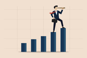 Vision to see next goal, motivation to success, challenge to achieve success concept, confidence businessman step on rise up graph look for next goal.