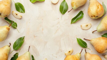 A close-up image of four ripe pears with leaves on a dark, textured background