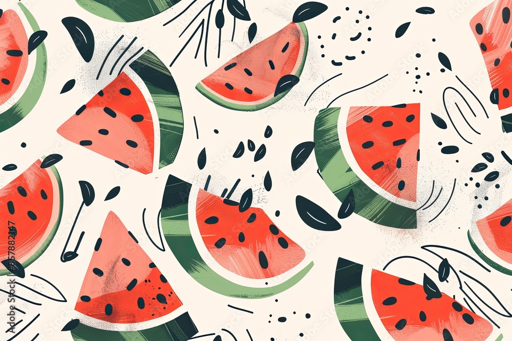 Poster a close-up view of colorful, stylized watermelon slices with black seeds and green rinds on a light 