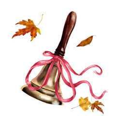A metallic golden bell. The school bell. Watercolor illustration. Scarlet ribbon and autumn leaves on a white background. A cute bell dedicated to the Day of Knowledge. Suitable for children's