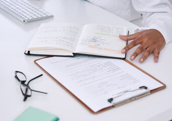 Hands, documents and notes for science in laboratory with results, theory and compliance with...