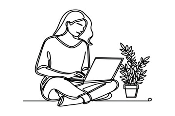 line art a weman using laptop vector art.