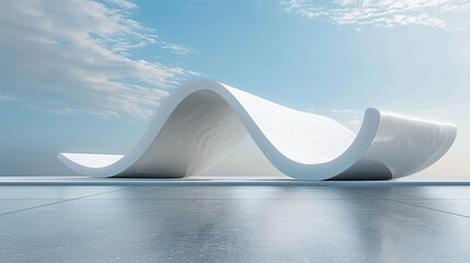 3d render of white abstract wave architecture on empty concrete floor with blue sky. Minimal scene...