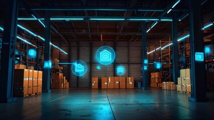 The video is of a warehouse with blue lights on the walls and ceiling. There are also several blue icons of houses in the air. - Powered by Adobe