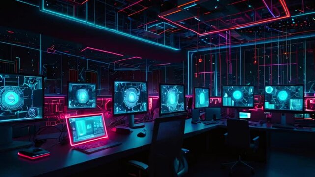 A dark room with multiple computers and screens with blue and pink glowing lights.