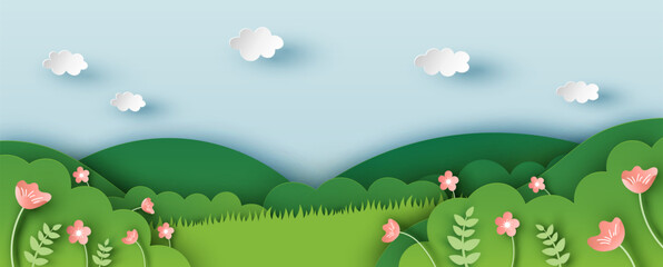 Flower meadow in spring. Spring natural landscape. paper cut and craft style. vector, illustration.
