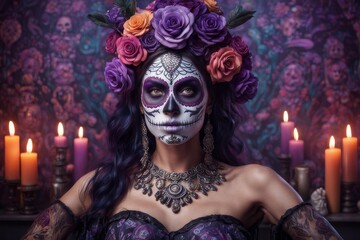 Fototapeta premium attractive woman with day of the dead makeup, purple colors, candles background