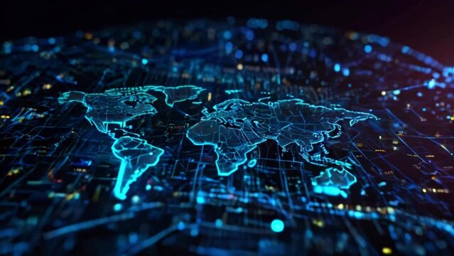 A glowing blue world map made of tiny dots on a black background.
