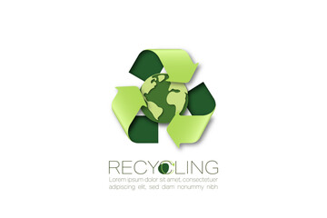 Recycle sign with Eco friendly Earth Globe. Paper art style. Sustainable concept of Green energy. ecology and environment. Vector Illustration.
