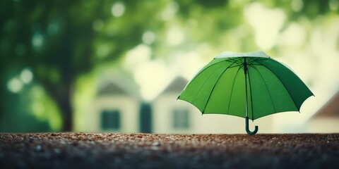 Green umbrella on house background symbolizing home insurance in a visual. Concept Home insurance visual representation with a green umbrella on a house background